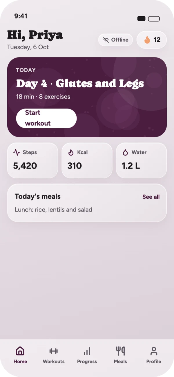 HabitHer workout app, home screen