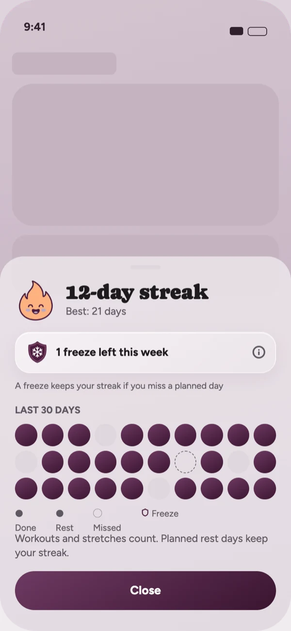 Streak + freeze screen